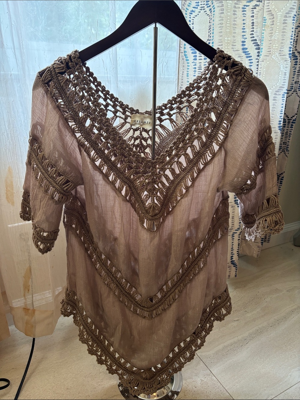 Dreamers Crochet Trim V-Neck Tunic - Taupe